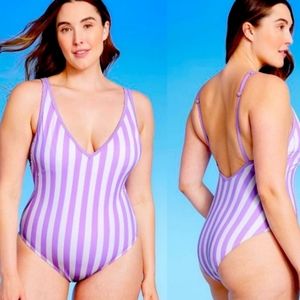 Kona Sol Lavender and White Vertical Striped One Piece Swimsuit Plus (size. 14W)